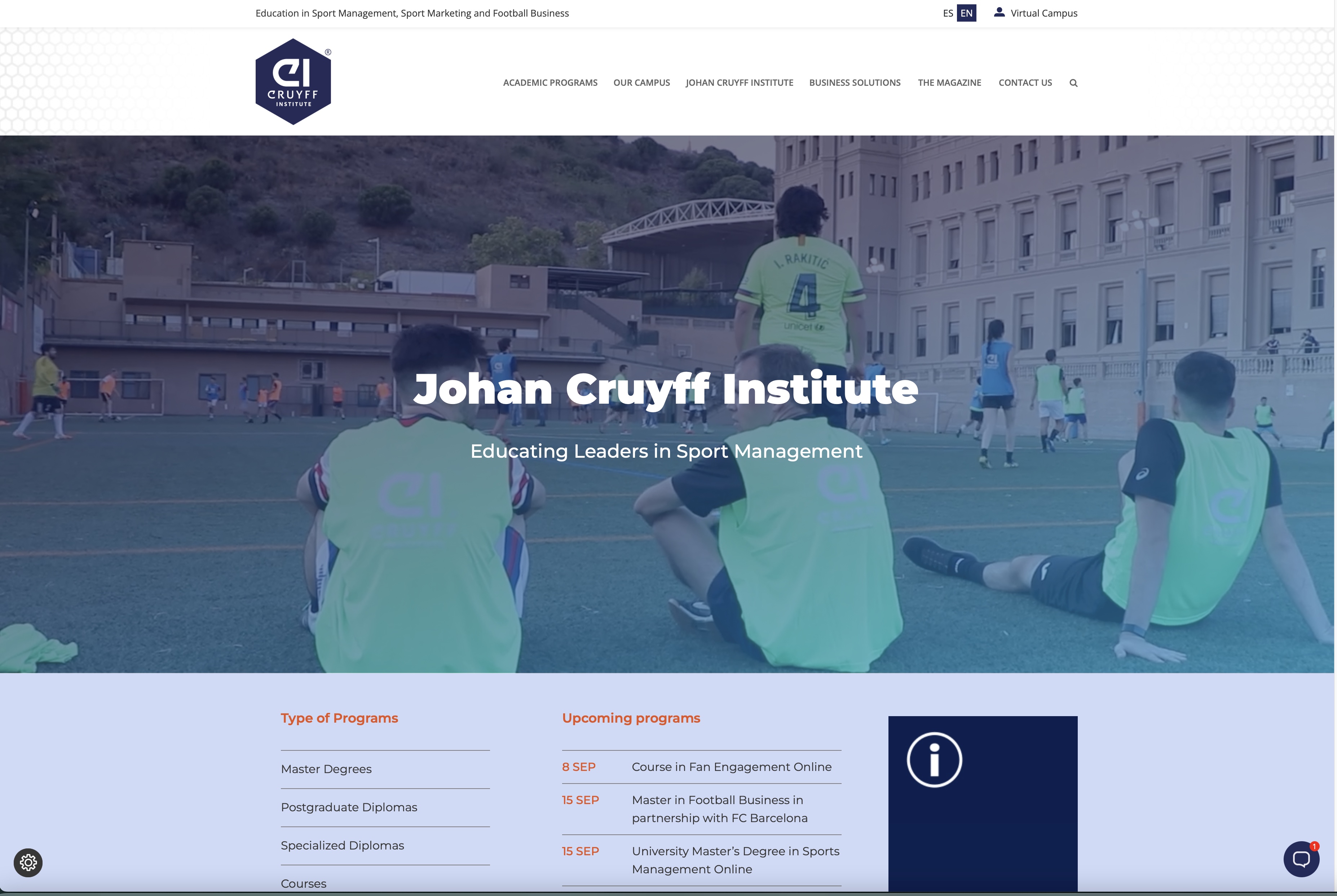 Portal académico internacional con e-commerce e integración avanzada a Zoho CRM - Web global de Johan Cruyff Institute